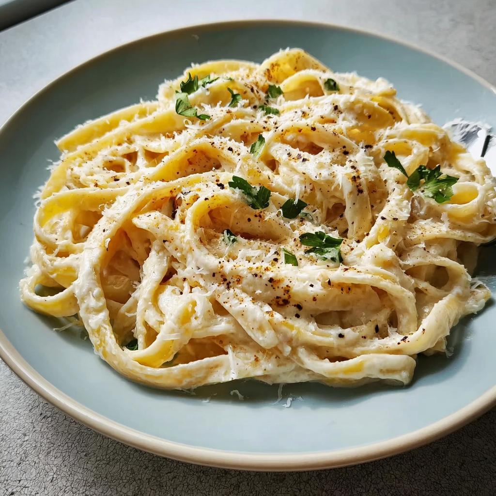 Close-up of fettuccine pasta coated in creamy sauce, topped with grated cheese and parsley, made with the Best Alfredo Sauce Recipe Ever.