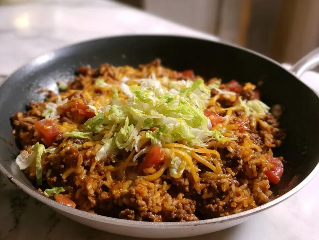 A close-up of the finished Taco Skillet (15 Minutes) topped with melted cheese, diced tomatoes, and shredded lettuce in a dark skillet.