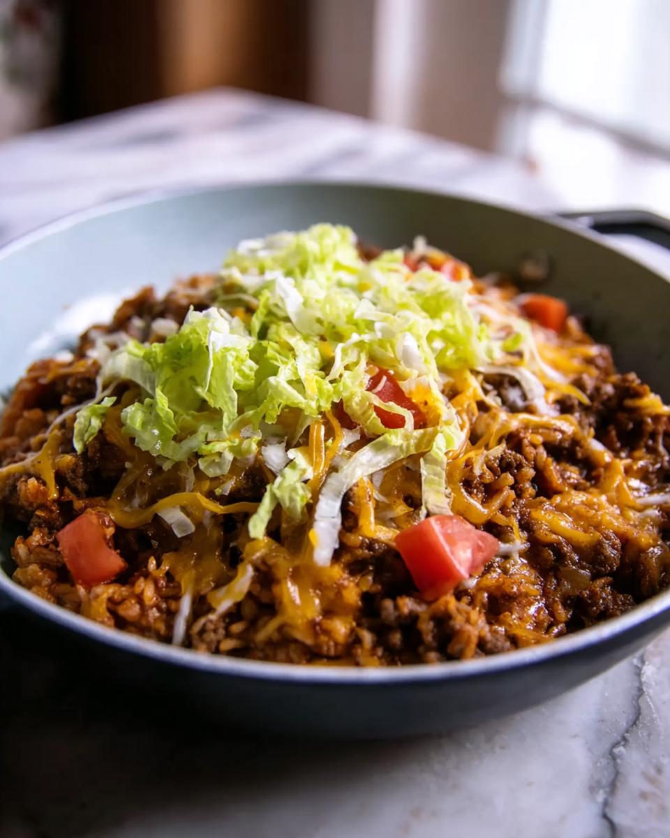A close-up of the finished Taco Skillet in a bowl, topped with melted cheese, lettuce, and diced tomatoes.