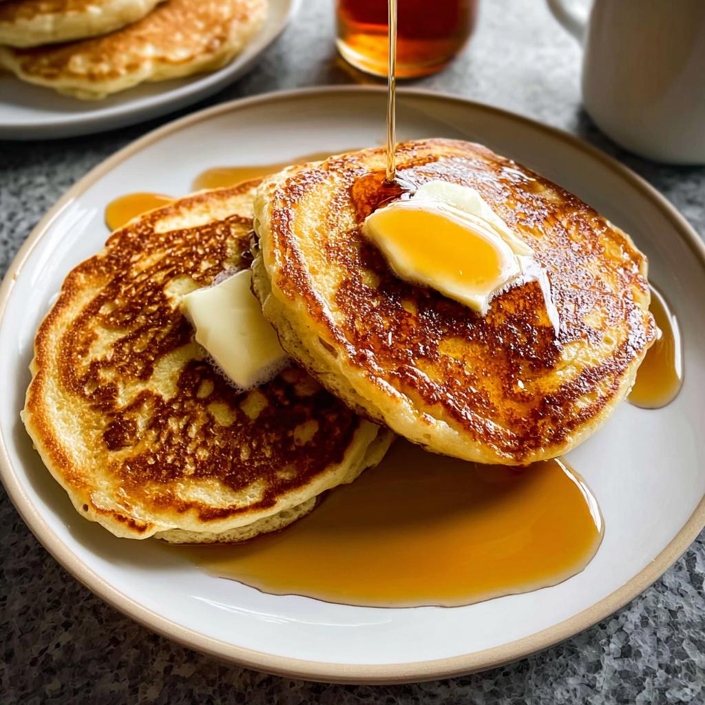 Two golden brown Fluffy Buttermilk Pancakes topped with melting butter and syrup being poured.