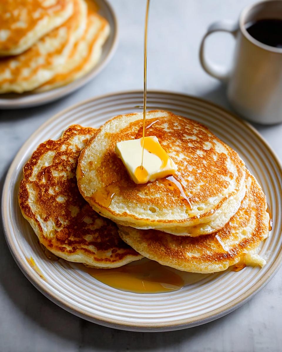 A stack of three golden Fluffy Buttermilk Pancakes topped with melting butter and syrup being poured.