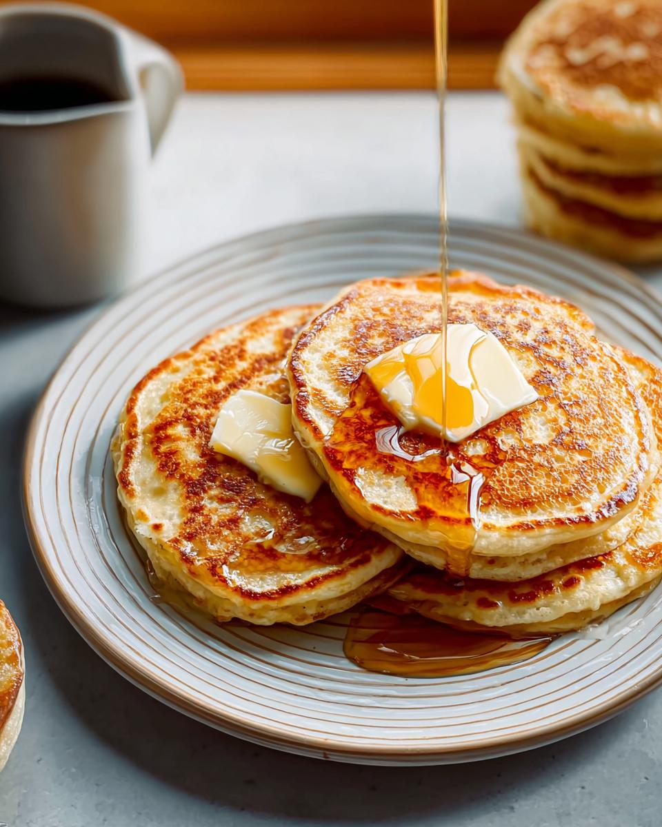 Close-up of Fluffy Buttermilk Pancakes topped with melting butter and syrup being poured over them.