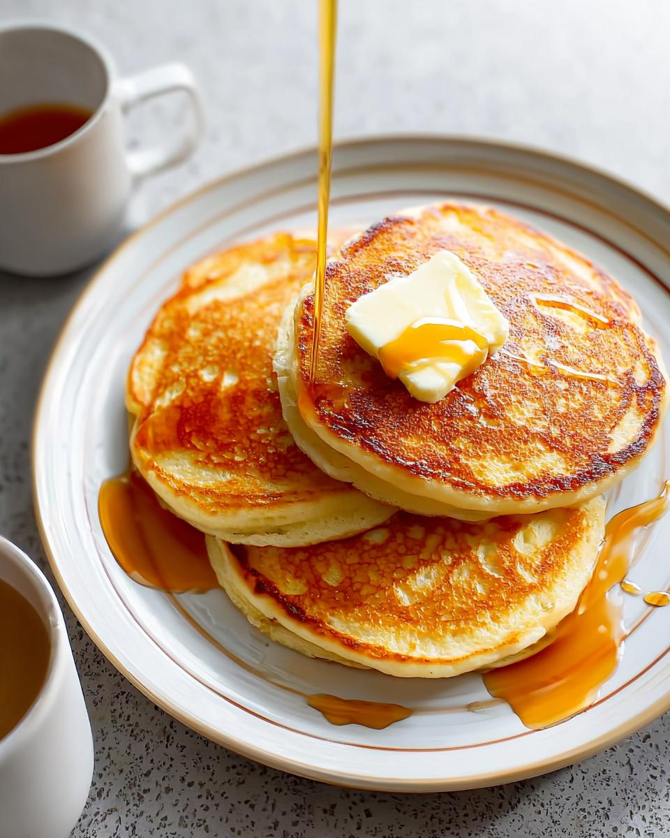 Stack of Fluffy Buttermilk Pancakes topped with butter and syrup being poured over them.