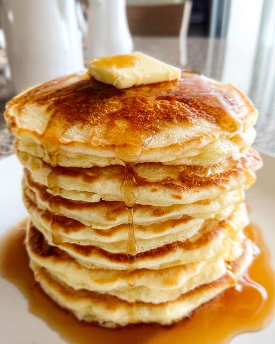 A tall stack of fluffy pancakes topped with a pat of butter and drizzled with syrup, showcasing easy 5-ingredient breakfast ideas.