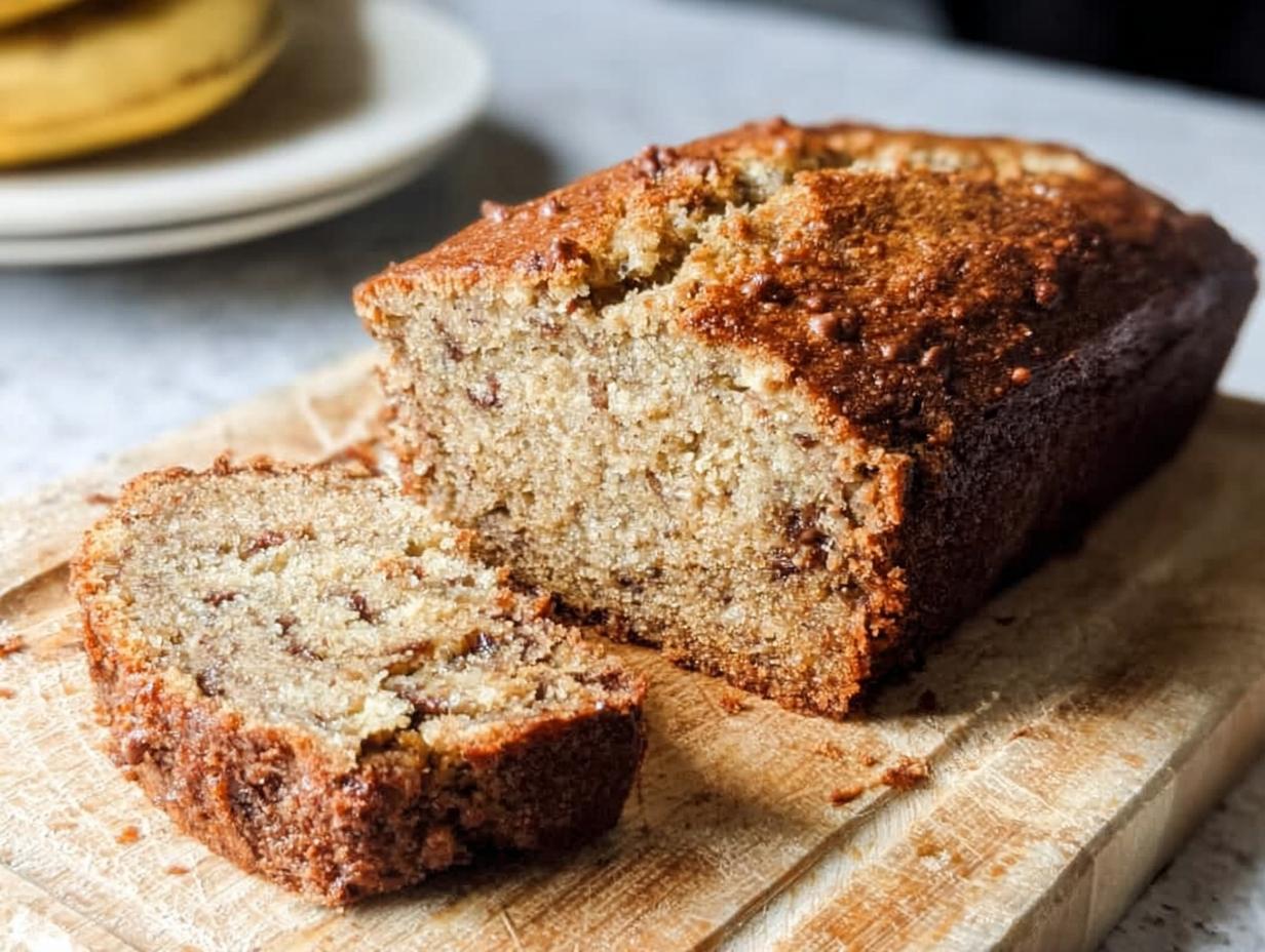 A slice of foolproof banana bread on a wooden cutting board, showing its moist texture and banana chunks.