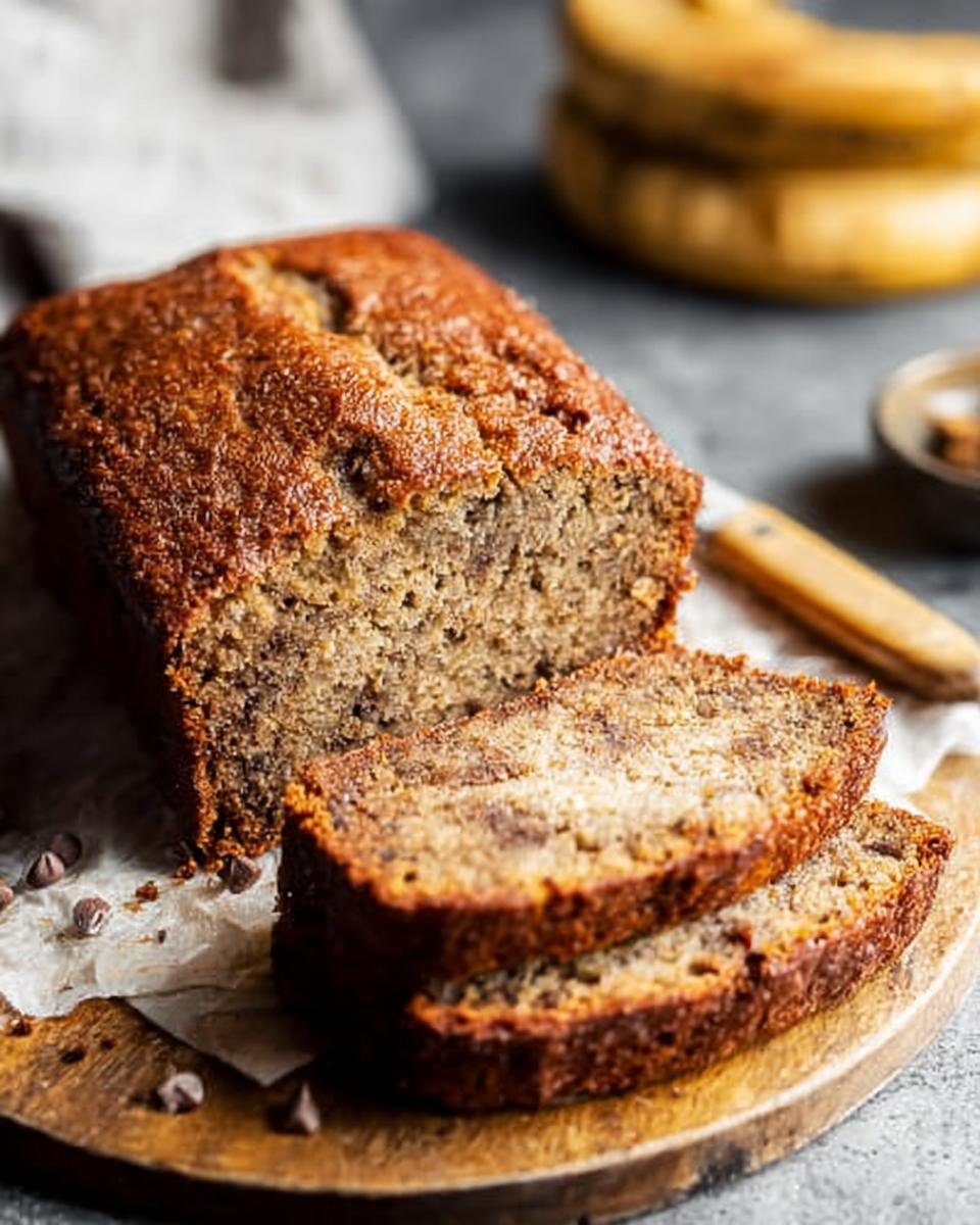 A golden-brown, foolproof banana bread loaf with two slices cut, showing chocolate chips inside.