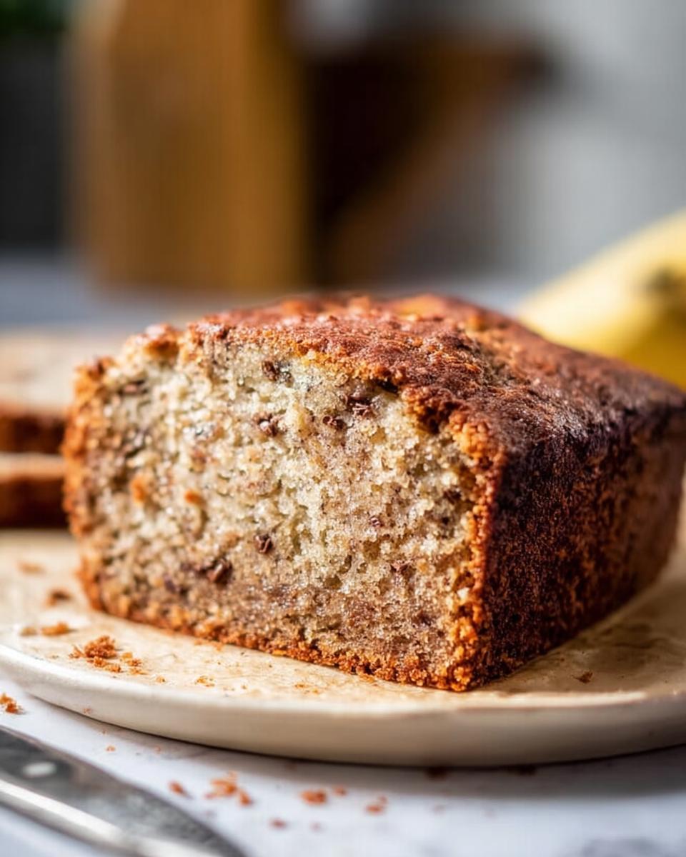 A close-up of a slice of foolproof banana bread, showing moist texture and chocolate chips.