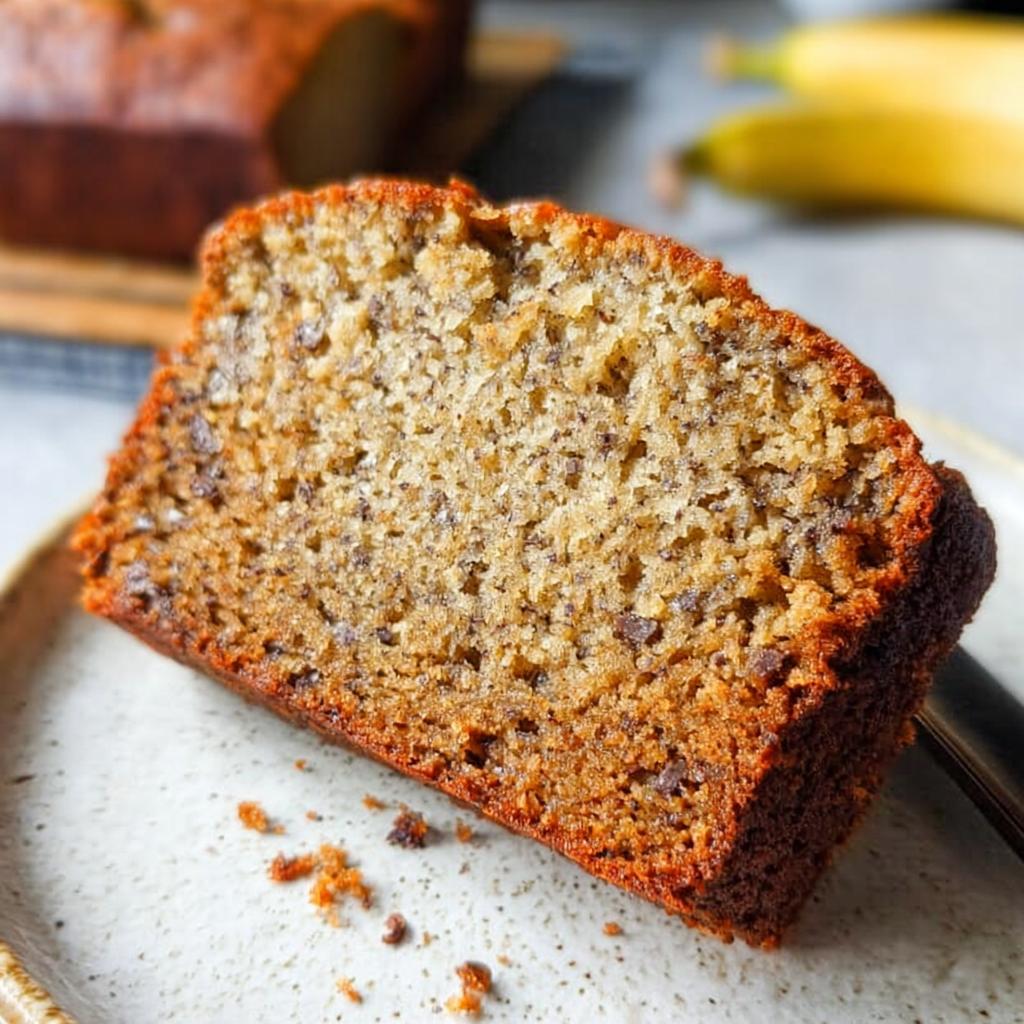 A close-up of a slice of foolproof banana bread on a plate, showing its moist texture and banana flecks.