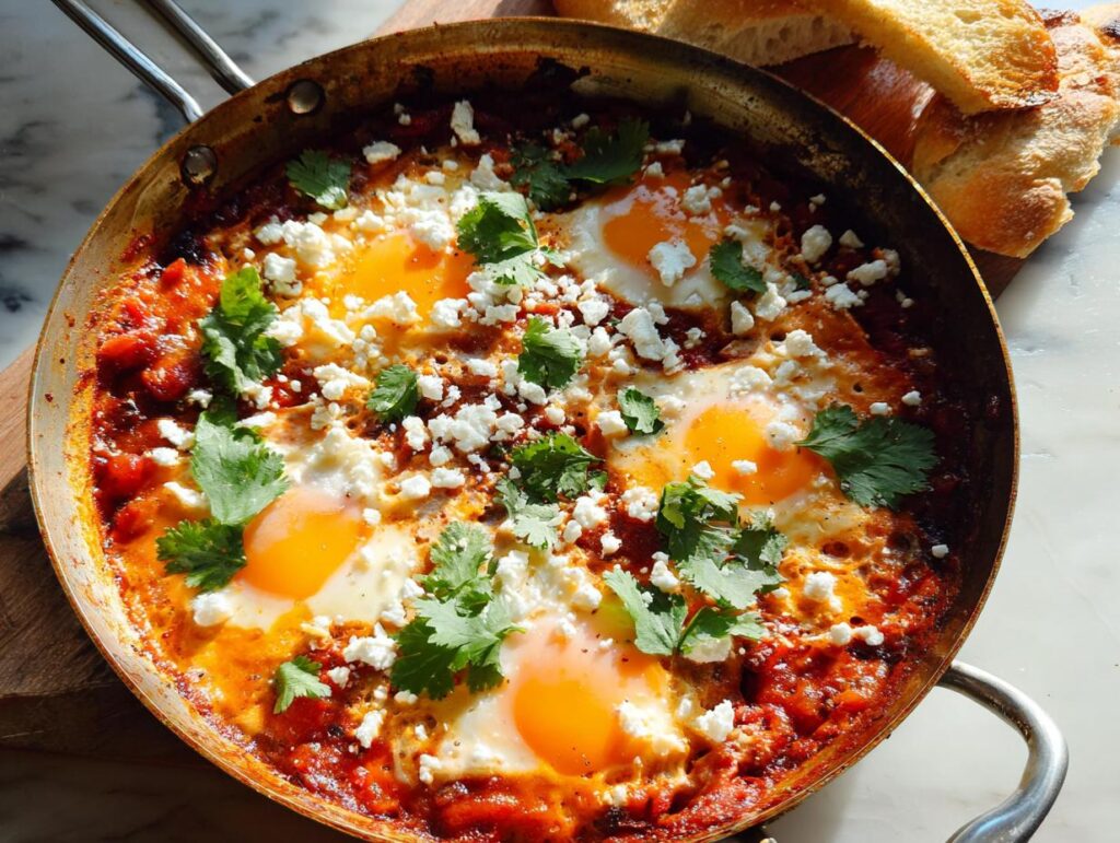 A pan of shakshuka with eggs poached in tomato sauce, topped with feta cheese and cilantro, served with crusty bread.