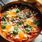 A pan of shakshuka with eggs poached in tomato sauce, topped with feta cheese and cilantro, served with crusty bread.
