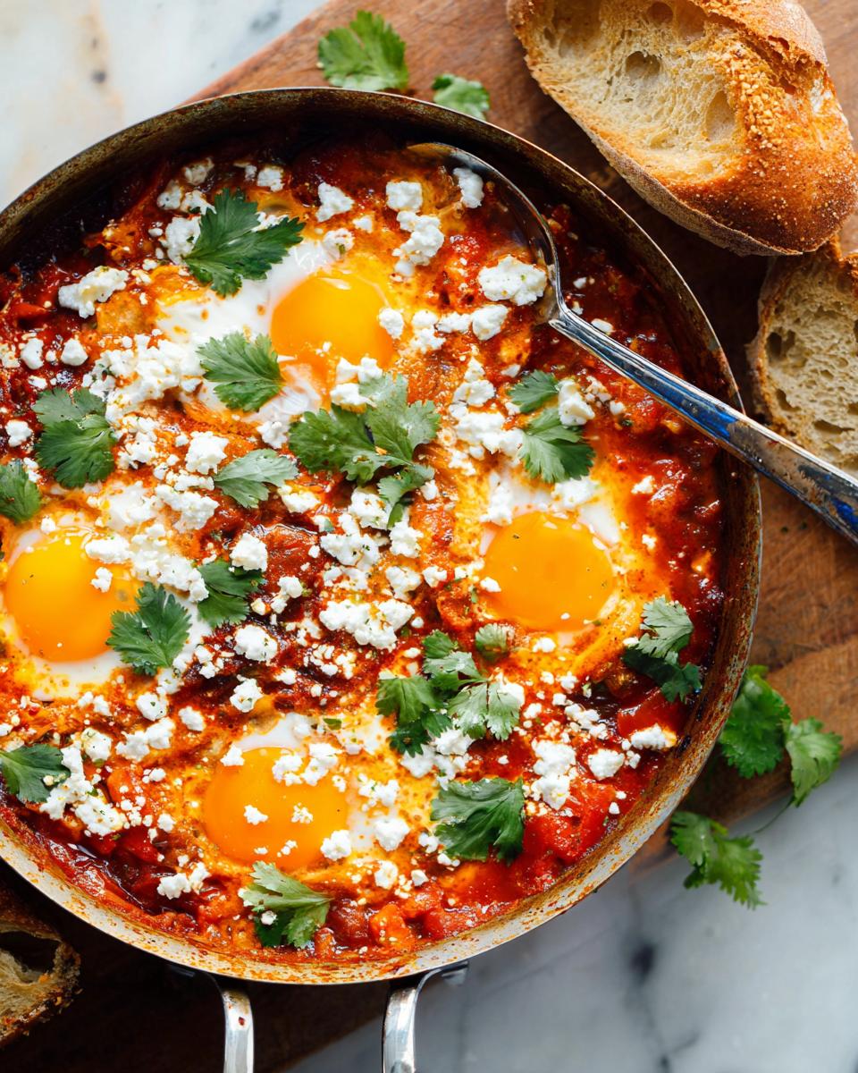 A close-up of a pan filled with a vibrant shakshuka, featuring eggs poached in tomato sauce, topped with feta cheese and cilantro. Served with crusty bread.