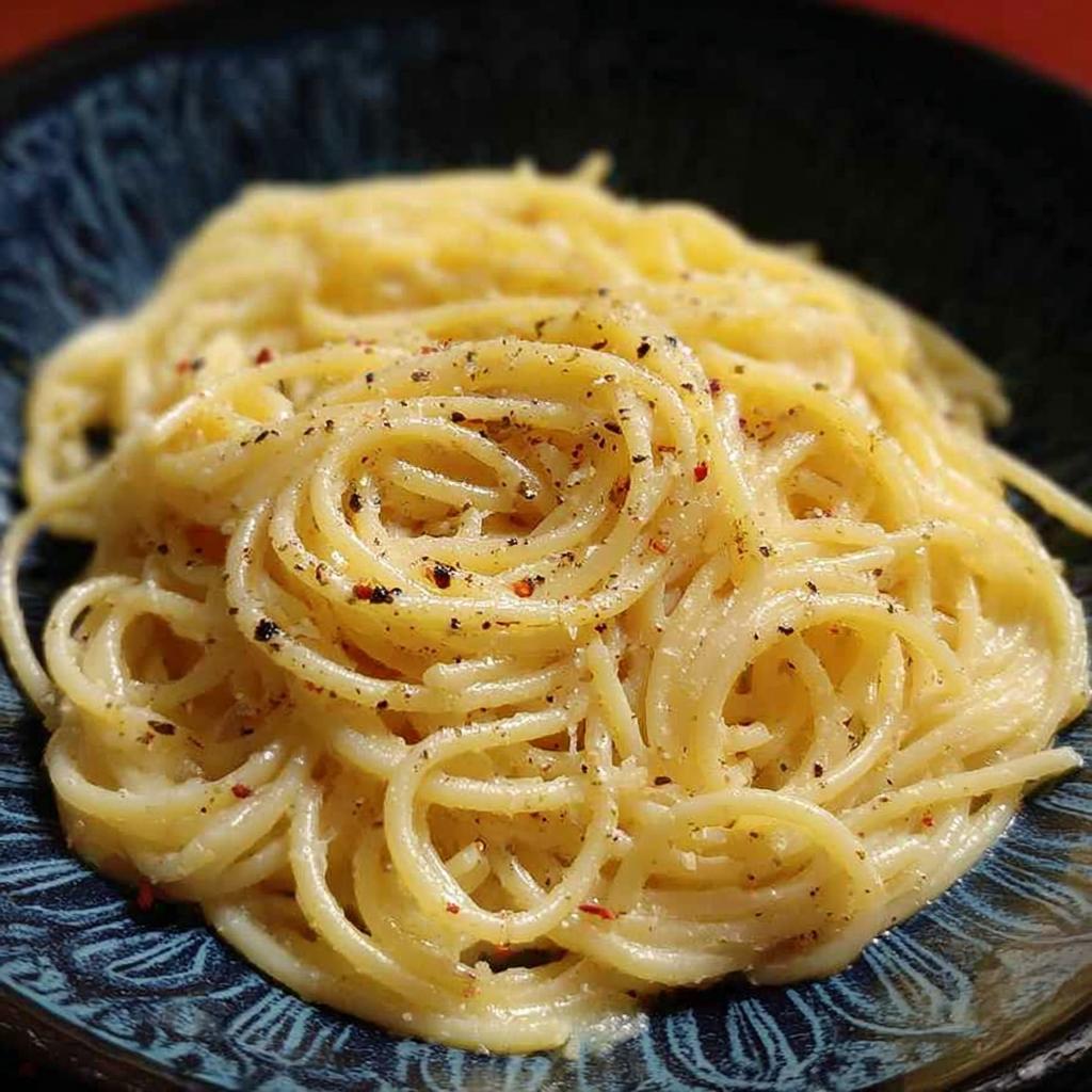 A close-up of a bowl of Cacio e Pepe, a simple pasta dish with cheese and black pepper, perfect for dinner ideas.