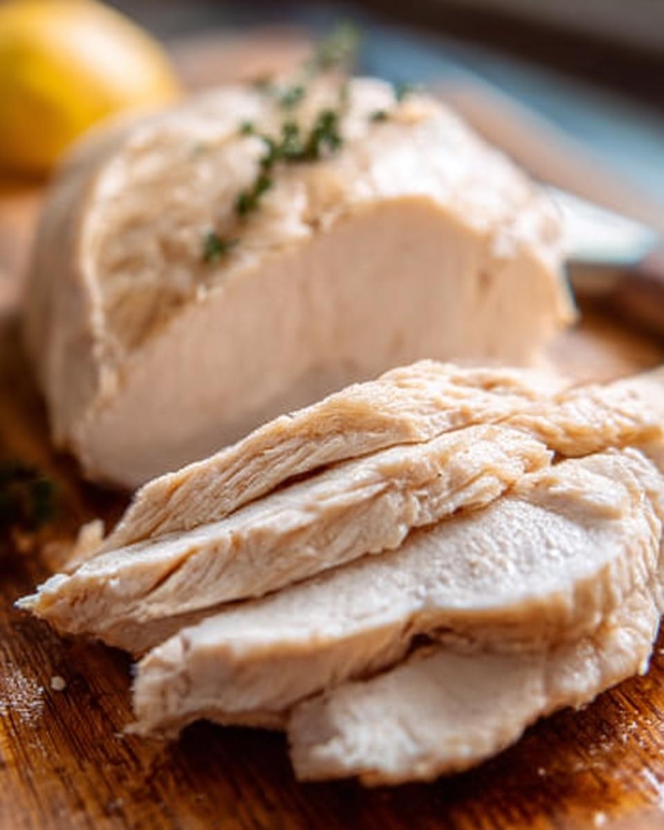Close-up of a perfectly cooked, sliced chicken breast, garnished with herbs, on a wooden board.