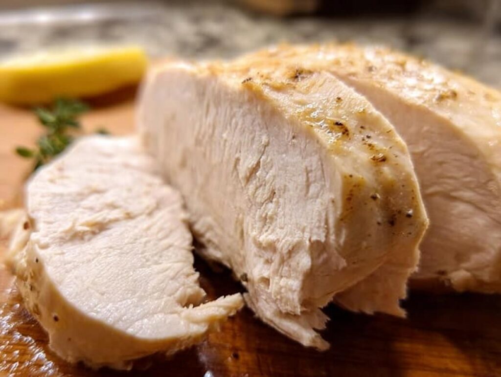 Close-up of a perfectly cooked, juicy chicken breast, sliced to reveal tender white meat. A lemon wedge and herb sprig are visible.