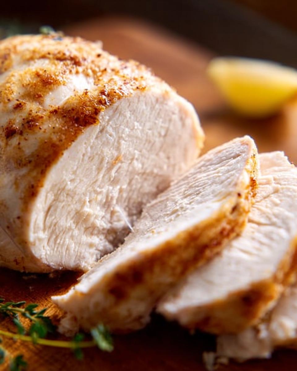 Close-up of a perfectly cooked and sliced chicken breast, seasoned and juicy, ready to serve.