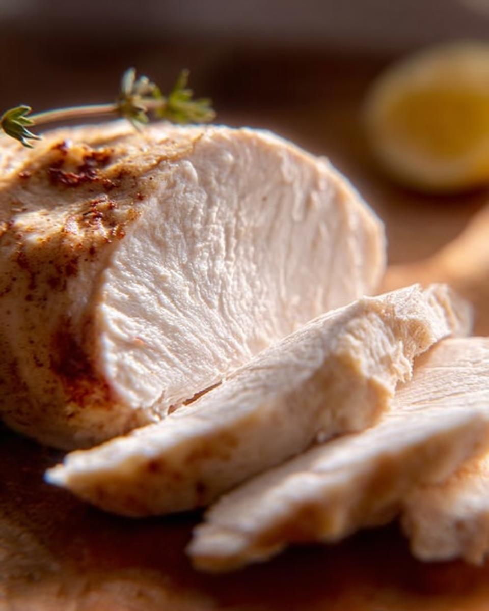 Close-up of a perfectly cooked, foolproof chicken breast, sliced to reveal juicy white meat and a seasoned crust.