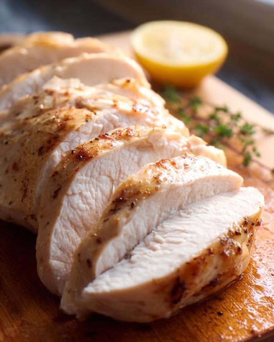 Juicy, sliced foolproof chicken breast on a wooden cutting board with a lemon wedge and herbs.
