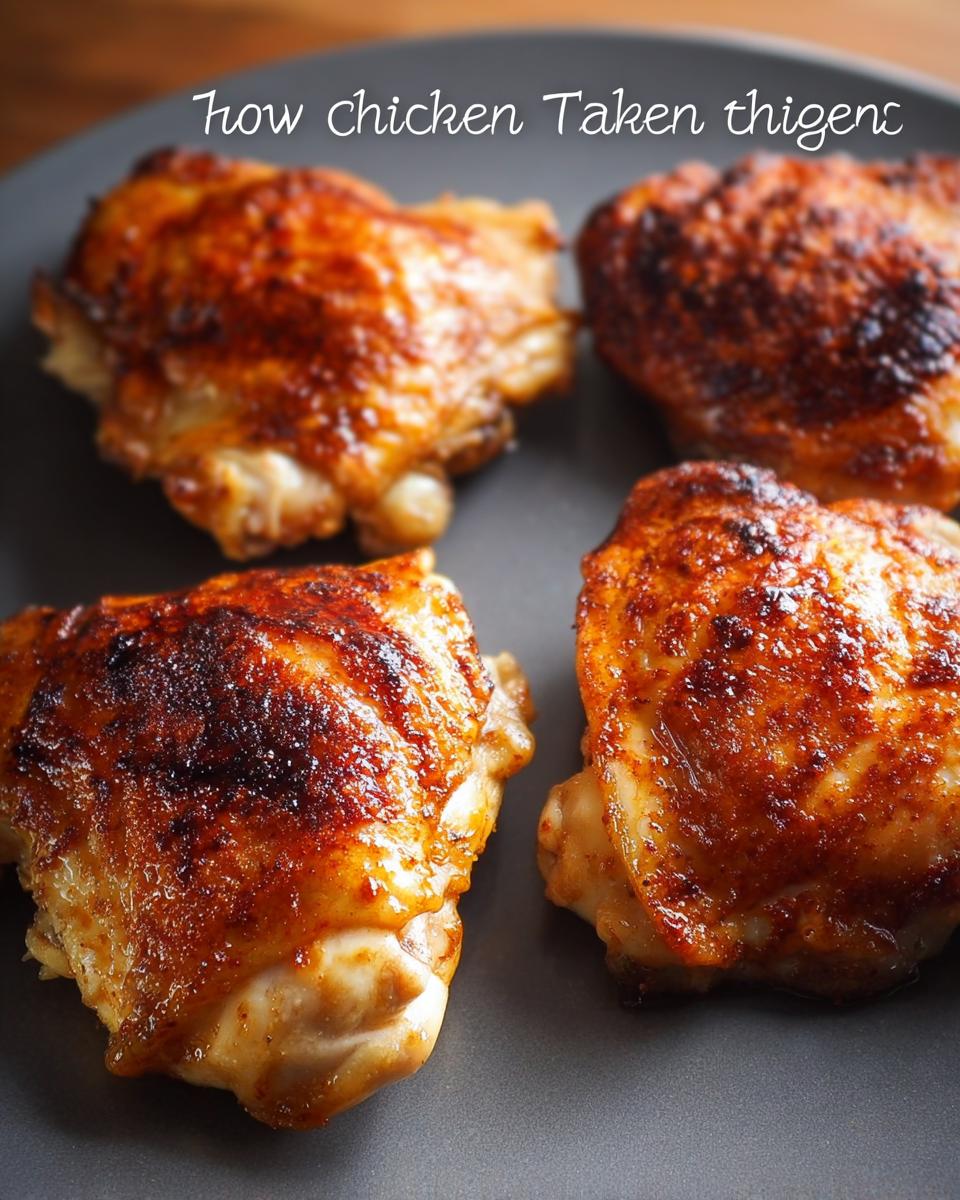 Four perfectly baked chicken thighs with crispy skin, seasoned and arranged on a dark plate. A foolproof chicken thigh recipe.