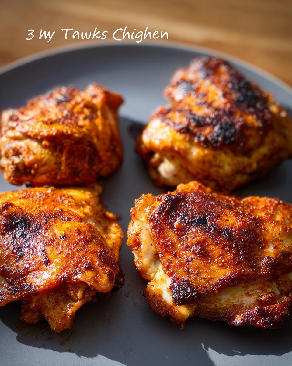 Four perfectly cooked chicken thighs seasoned with spices, ready to be served as part of a foolproof chicken thigh recipe.