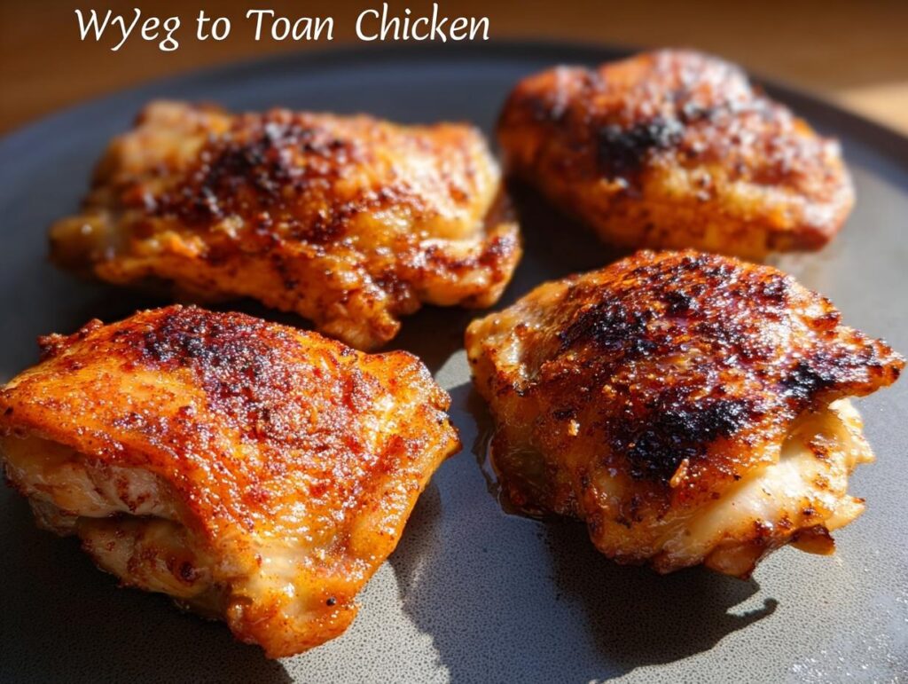 Four perfectly cooked chicken thighs with crispy, golden-brown skin, ready to be served.