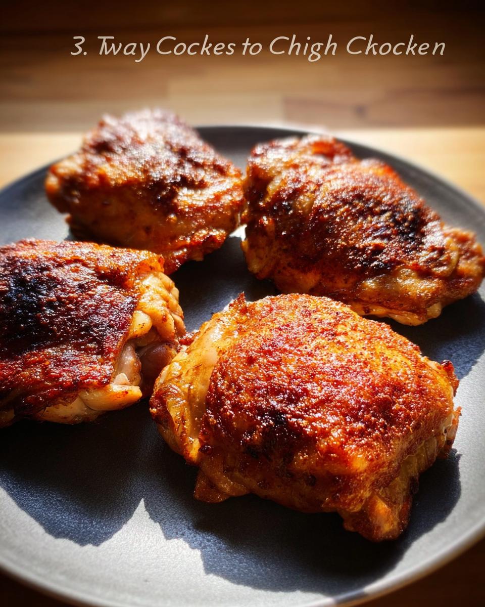 Four perfectly cooked, crispy baked chicken thighs on a dark plate, showcasing a golden-brown, seasoned skin.