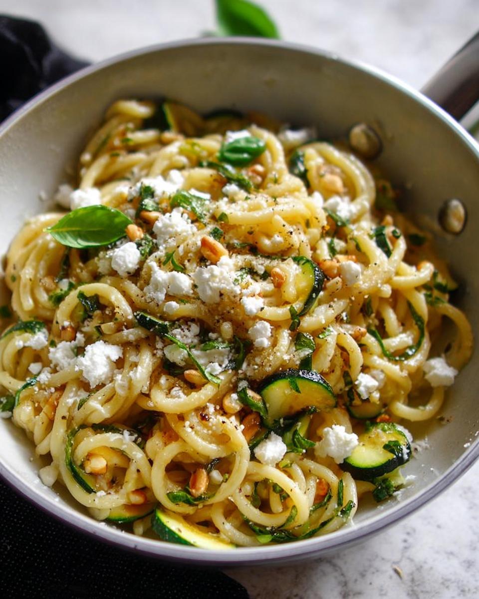 A close-up of a foolproof dinner recipe featuring magical pasta with zucchini, feta cheese, pine nuts, and fresh basil.