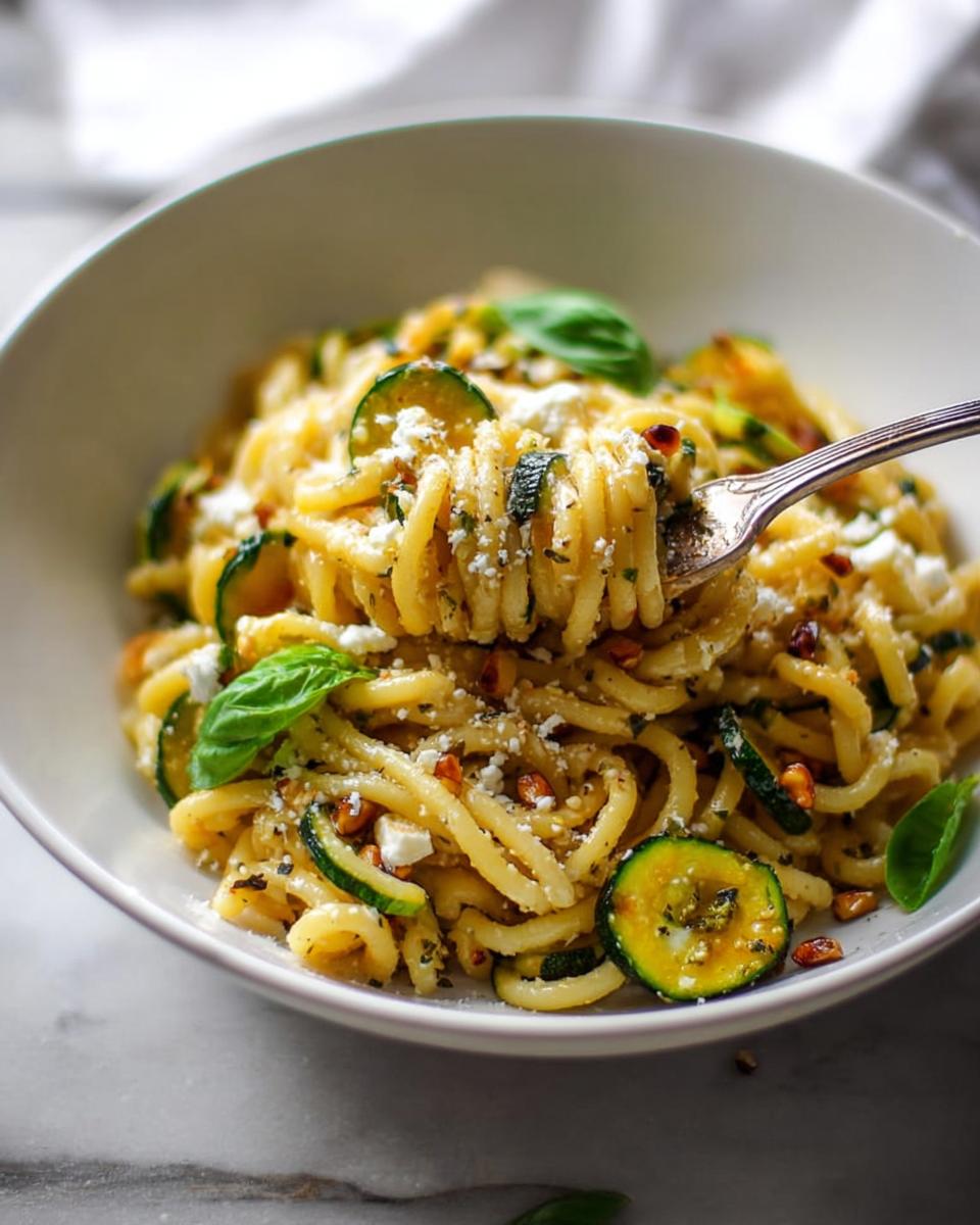 A fork lifts a swirl of foolproof dinner recipe pasta with zucchini slices and feta cheese.