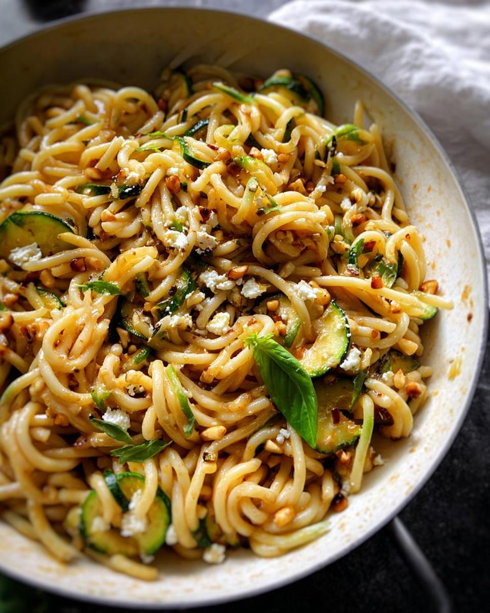 Close-up of a bowl of spaghetti with zucchini slices, crumbled feta cheese, and basil leaves, part of a foolproof dinner recipe.