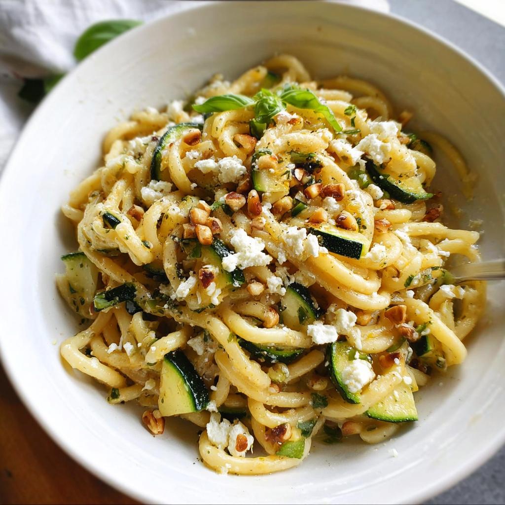 Close-up of foolproof pasta with zucchini, crumbled feta cheese, and toasted nuts in a white bowl.