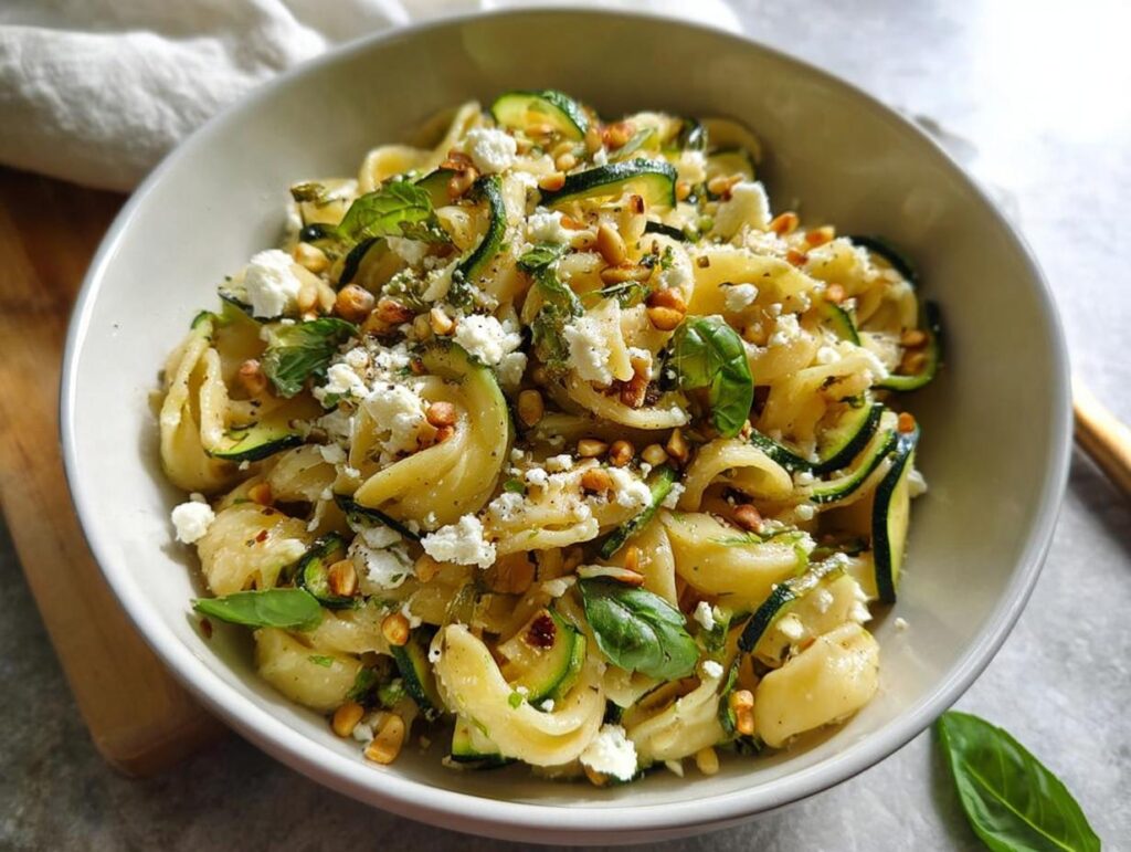 A bowl of foolproof zucchini pasta with feta cheese, pine nuts, and fresh basil.