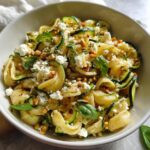 A bowl of foolproof zucchini pasta with feta cheese, pine nuts, and fresh basil.