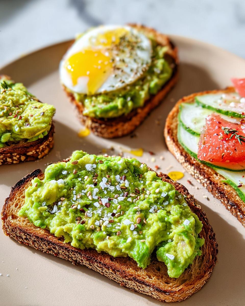 Four different slices of healthy Avocado Toast variations, including one with a fried egg and one with grapefruit and cucumber.