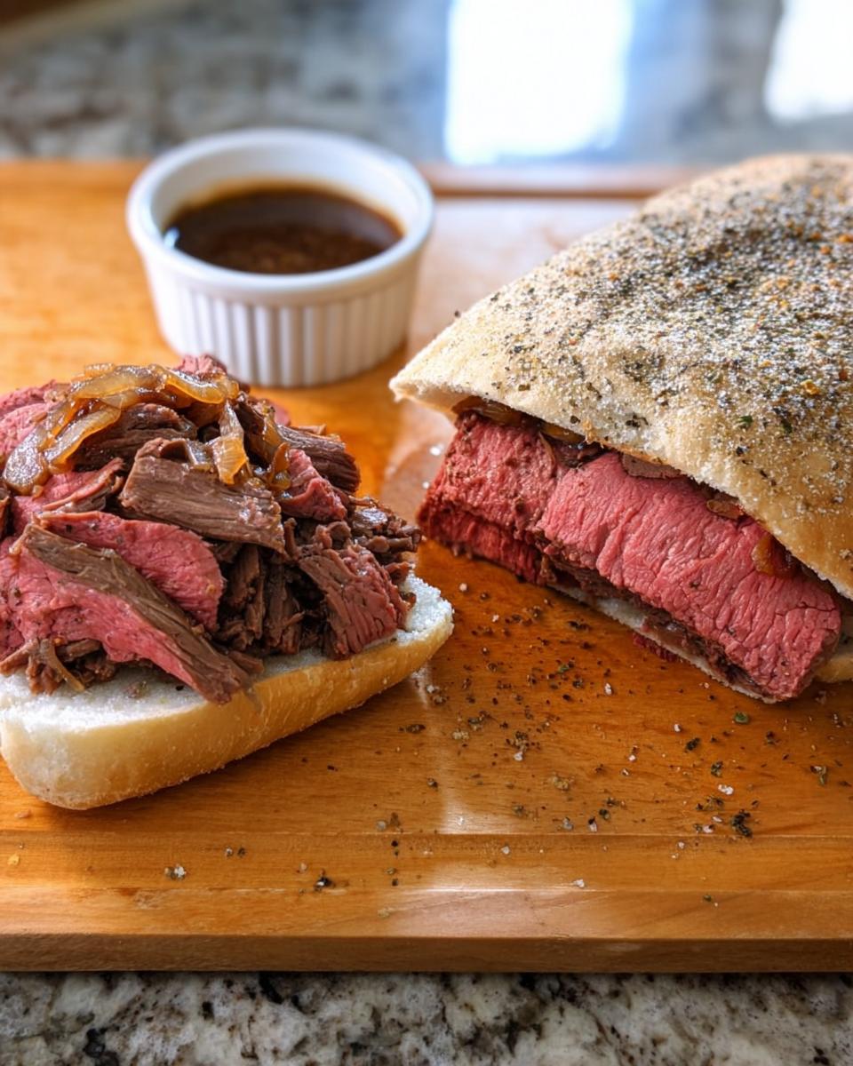 A French Dip sandwich cut in half, showing rare roast beef and onions, served with a side of rich Au Jus for dipping.