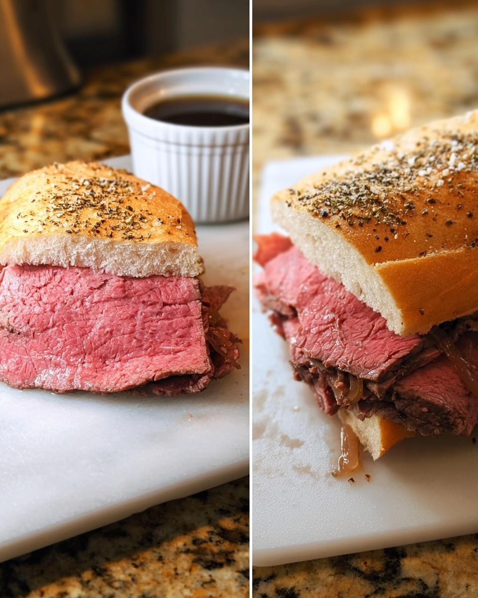 Two views of a French Dip sandwich filled with rare roast beef, served next to a small dish of rich Au Jus.