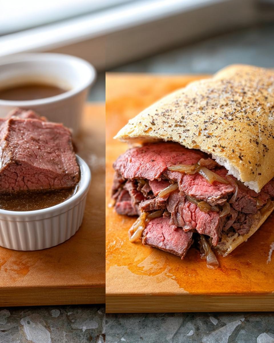 A split image showing a French Dip sandwich next to sliced roast beef dipping into delicious au jus.