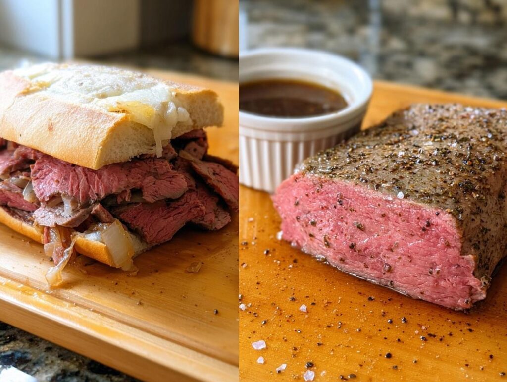 A split image showing a French Dip sandwich next to a seasoned roast beef cut and a small dish of Au Jus.