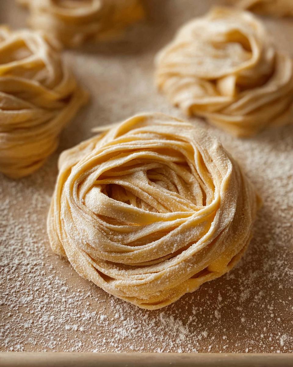 Close-up of freshly made fettuccine pasta nests dusted with flour, ready for pasta recipes.