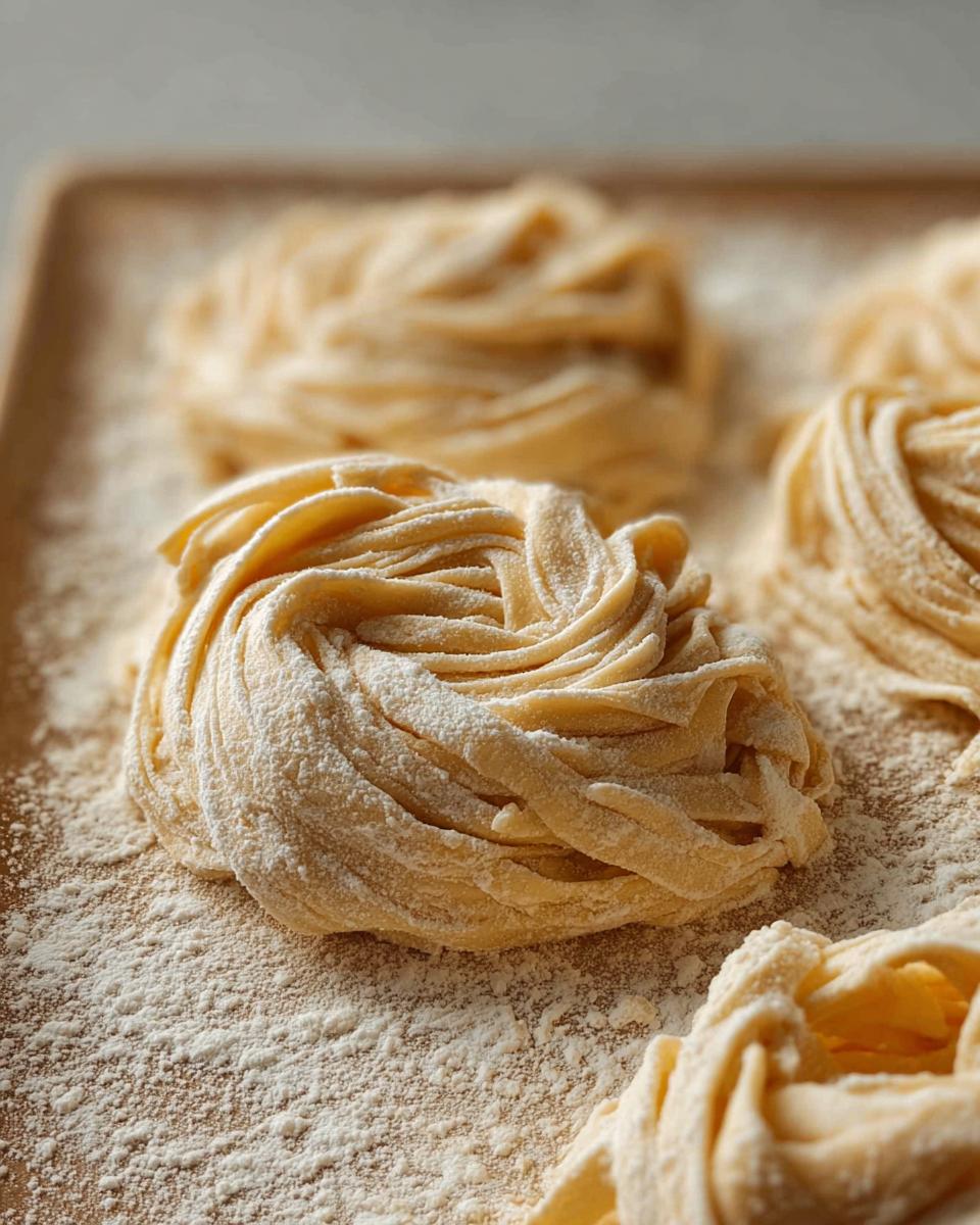 Close-up of fresh pasta nests dusted with flour, ready for easy pasta recipes.