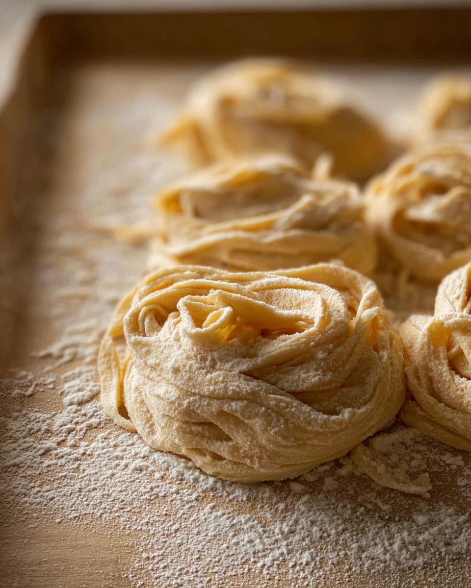 Close-up of fresh pasta nests dusted with flour, ready for easy pasta recipes.