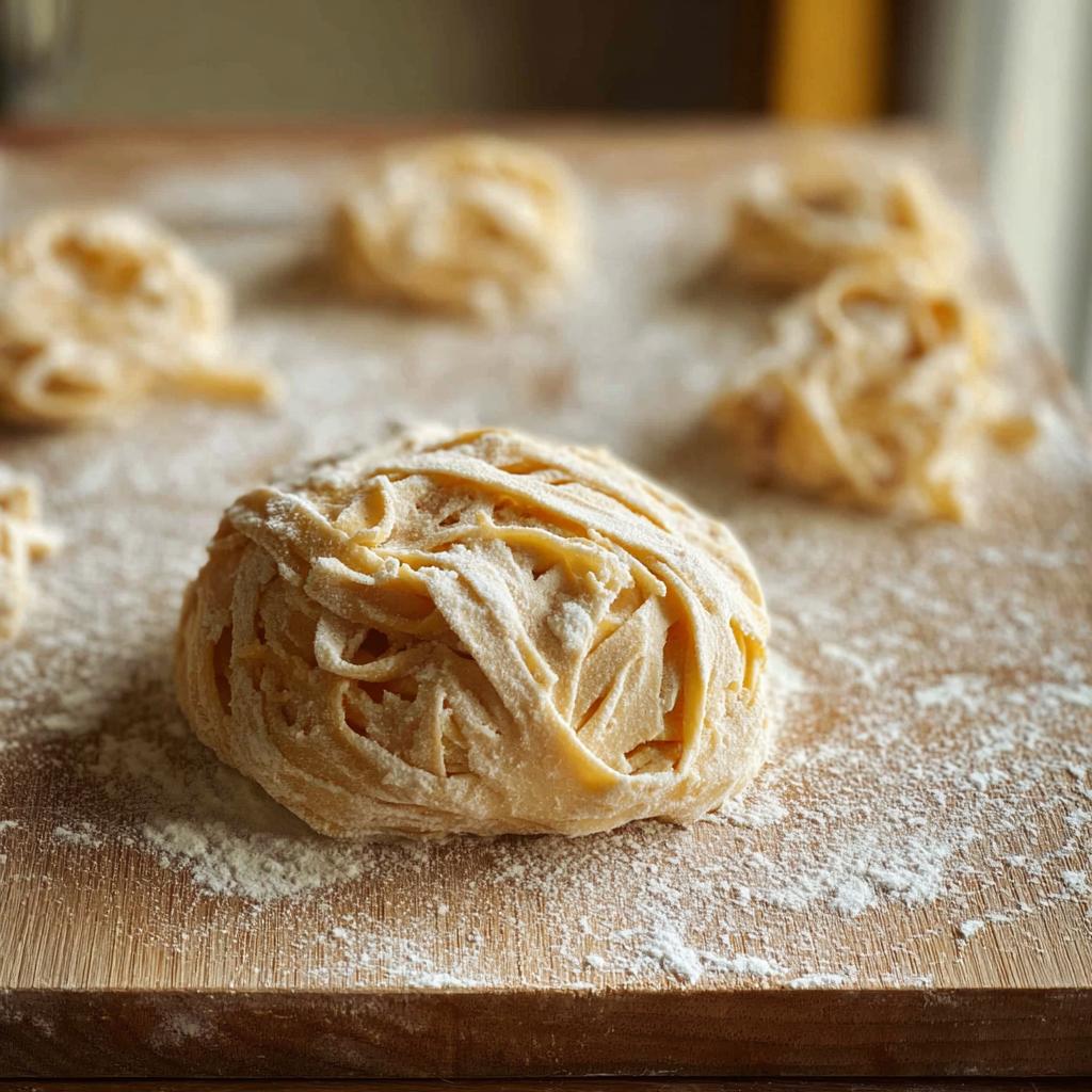 Close-up of fresh, homemade pasta nests dusted with flour on a wooden board, ready for pasta recipes.