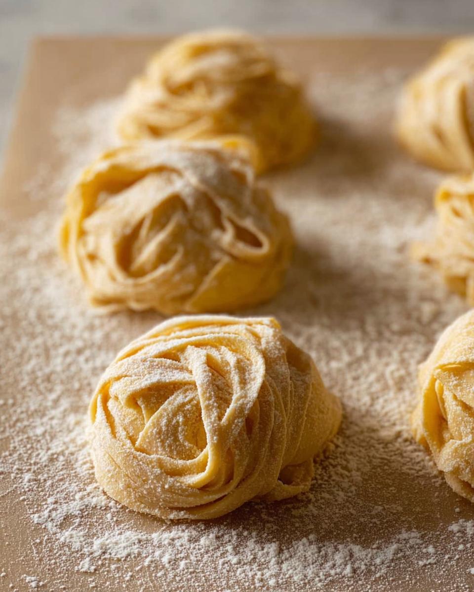 Close-up of freshly made pasta nests dusted with flour, ready for pasta recipes.