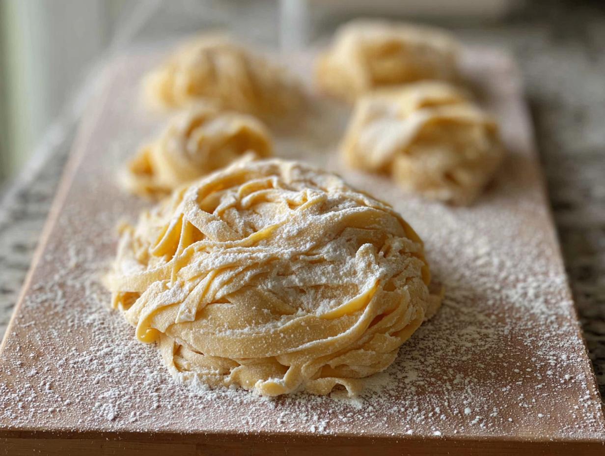 Close-up of nests of fresh, homemade pasta dusted with flour on a wooden board, ready for pasta recipes.