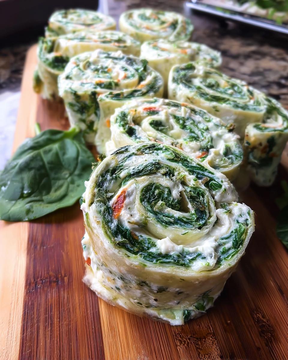 Close-up of freshly sliced Spinach Dip Pinwheels showing the green spinach and white creamy filling rolled tightly.