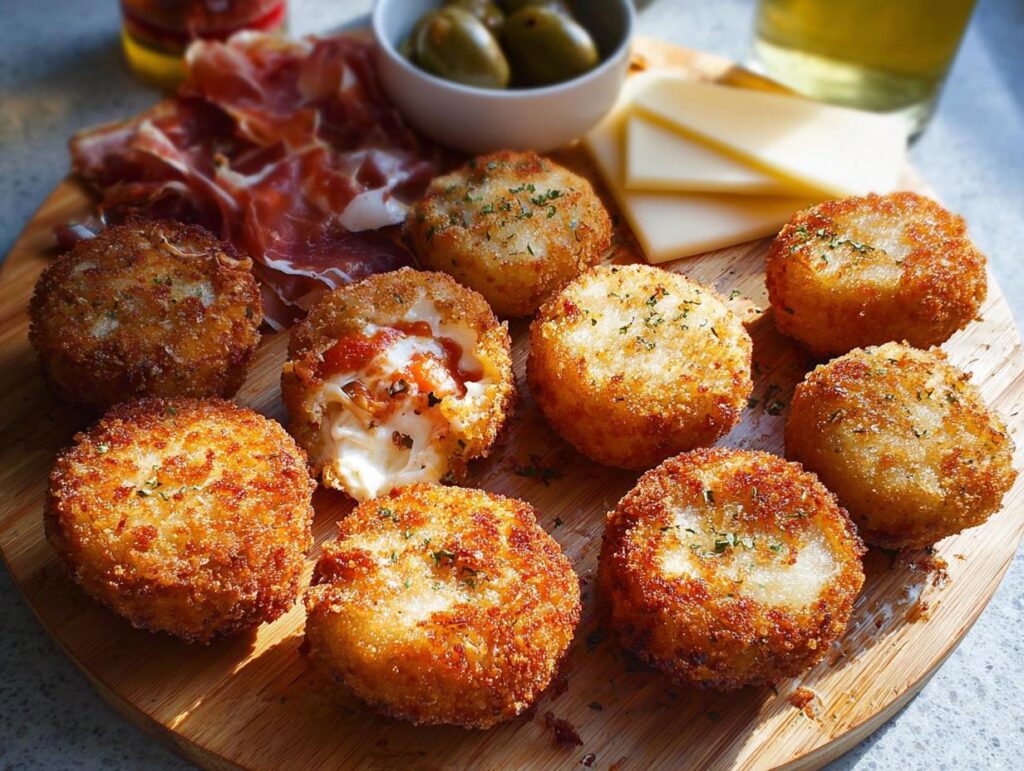 Golden fried cheese balls served on a wooden board as part of an elegant New Year’s Eve Dinner Menu.