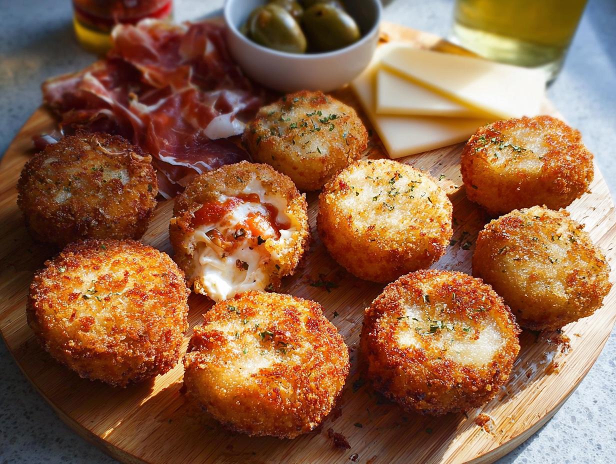 Golden fried cheese balls served on a wooden board as part of an elegant New Year’s Eve Dinner Menu.