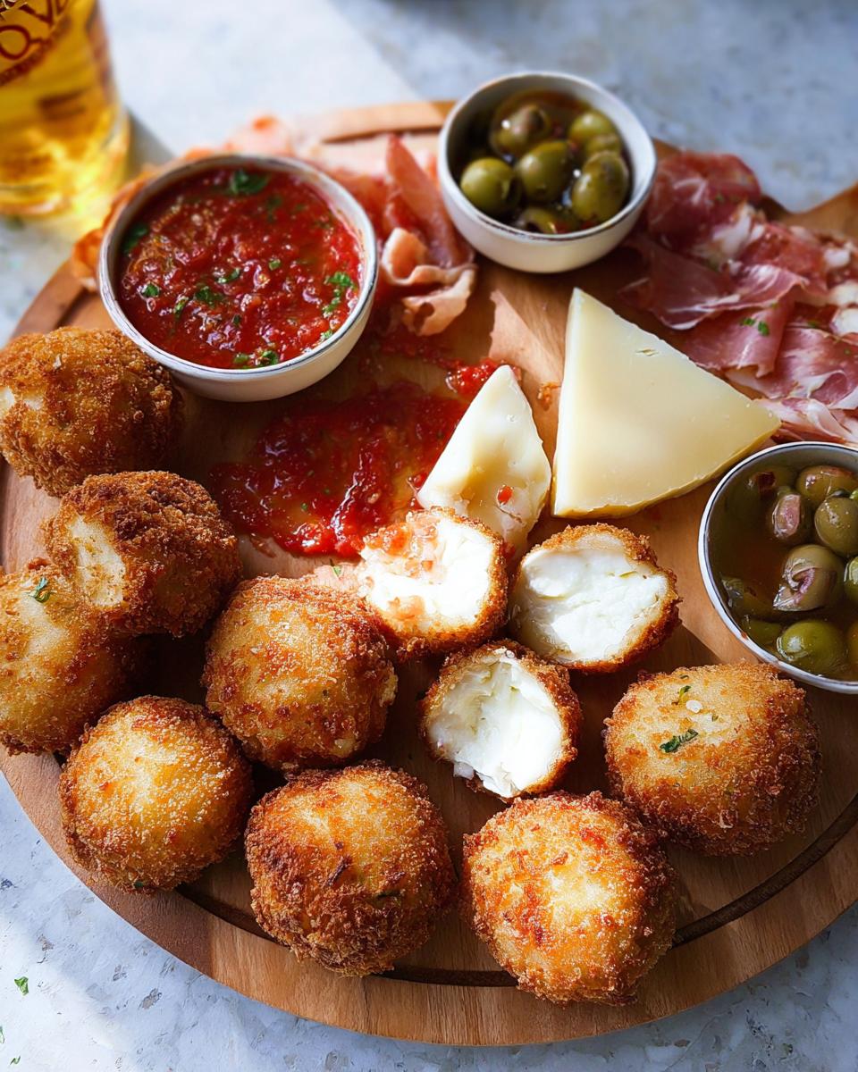 A wooden board featuring golden fried mozzarella balls, marinara sauce, cheese wedges, prosciutto, and olives, perfect for a New Year’s Eve Dinner Menu.