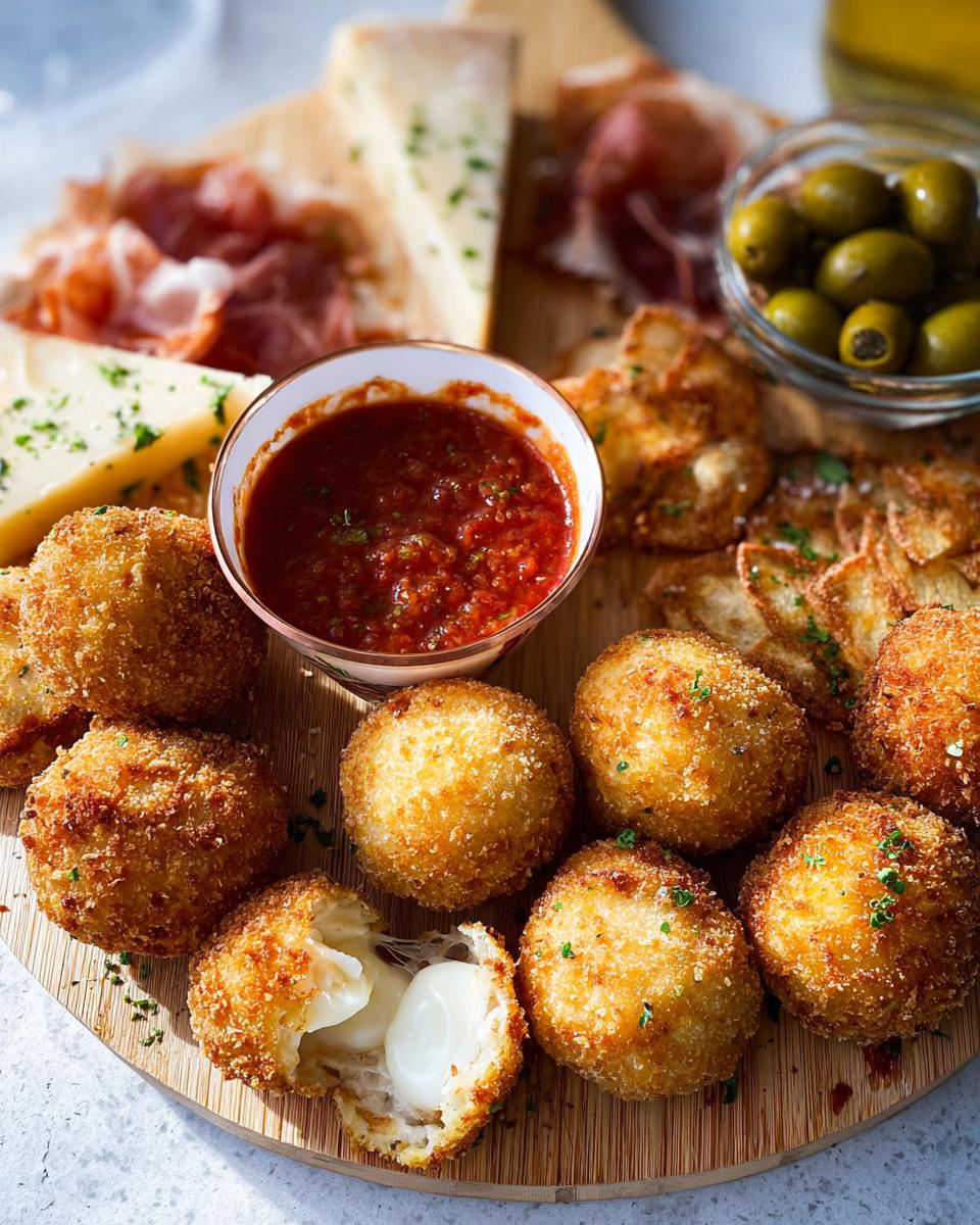 Golden fried mozzarella balls served on a board with dipping sauce, perfect for an elegant New Year’s Eve Dinner Menu.