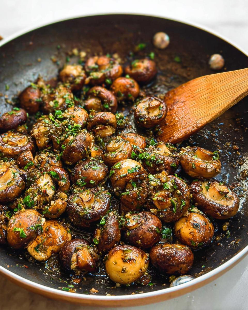 Close-up of whole button mushrooms sizzling in a dark skillet, coated in rich garlic butter sauce and fresh herbs.