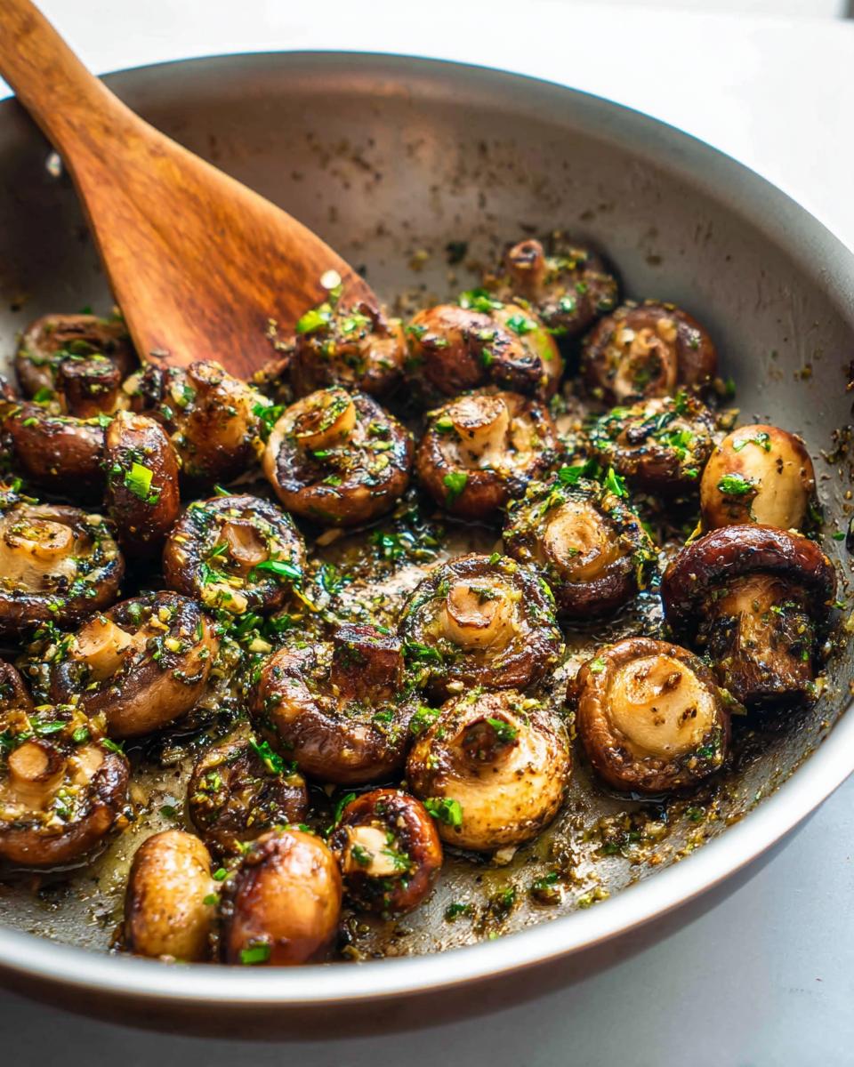 Close-up of whole button mushrooms being sautéed in a skillet with rich garlic butter sauce and fresh herbs.