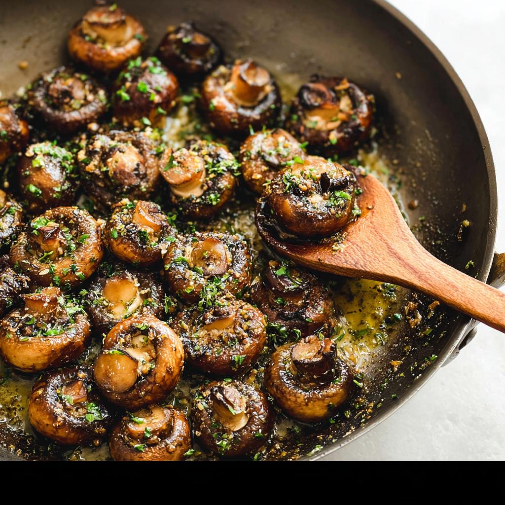 Close-up of perfectly cooked Garlic Butter Mushrooms (Skillet) glistening in butter sauce and topped with fresh parsley.